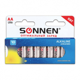 Батарейки SONNEN Alkaline, АА (LR06, 15А), алкалиновые, КОМПЛЕКТ 10 шт, в коробке, 451086