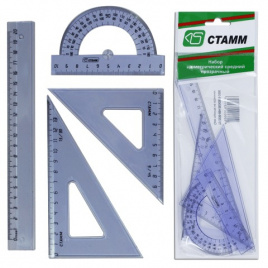 Набор чертежный средний СТАММ (линейка 20см, 2 угольника,транспортир),прозрачный, тонированный, НГ03