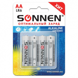 Батарейки SONNEN Alkaline, АА (LR06, 15А), алкалиновые, КОМПЛЕКТ 4 шт, в блистере, 451085