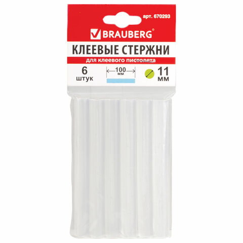 Клеевые стержни, диаметр 11мм, длина 100мм, прозрачные, КОМПЛЕКТ 6 шт., BRAUBERG, европодвес, 670293 фото 1