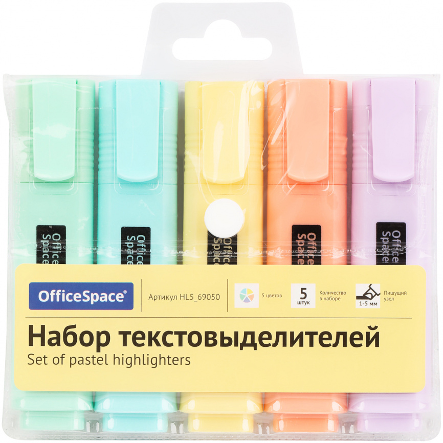 Набор текстовыделителей OfficeSpace 05цв., пастельные цвета, 1-5мм, европодвес фото 1