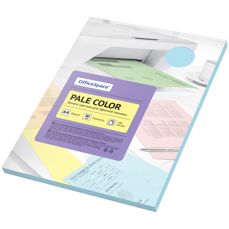 Бумага цветная OfficeSpace Pale Color, A4, 80 г/м?, 100л., (голубой) фото 1