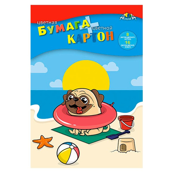 Набор картон+бумага цв А4 08л+16л 08+08цв Щенок на пляже в папке АППЛИКА С1832-15 фото 1