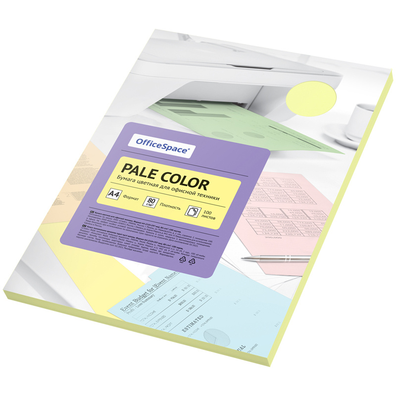 Бумага цветная OfficeSpace Pale Color, A4, 80 г/м?, 100л., (желтый) фото 1